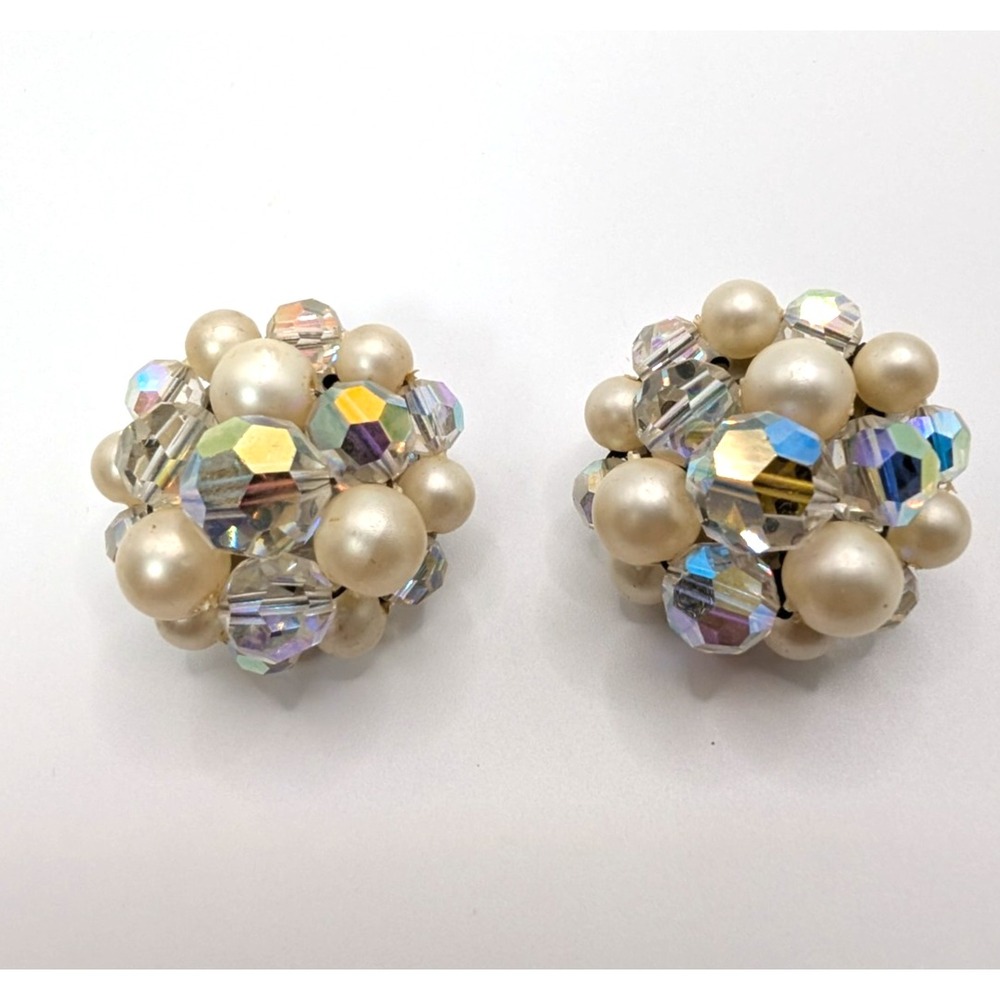 Vintage Faux Pearl Aurora Borealis Crystal Bead Cluster Clip On Earrings 1.2